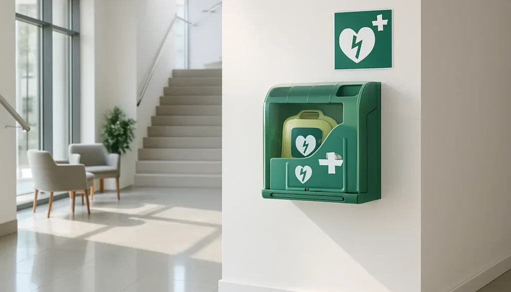 Hjärtstartare i grönt väggskåp i modern svensk kontorsentré