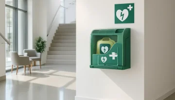 Hjärtstartare i grönt väggskåp i modern svensk kontorsentré