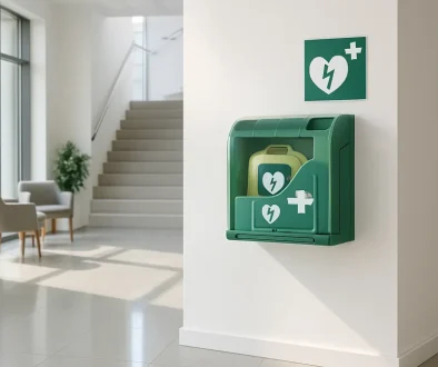 Hjärtstartare i grönt väggskåp i modern svensk kontorsentré