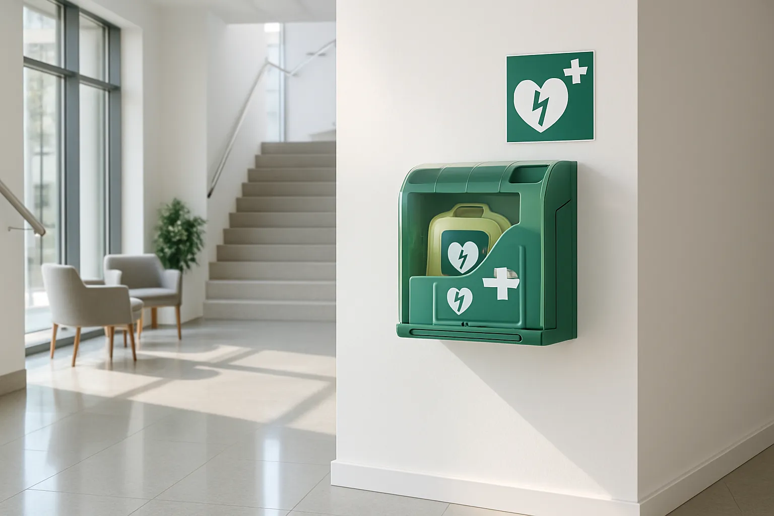 Hjärtstartare i grönt väggskåp i modern svensk kontorsentré