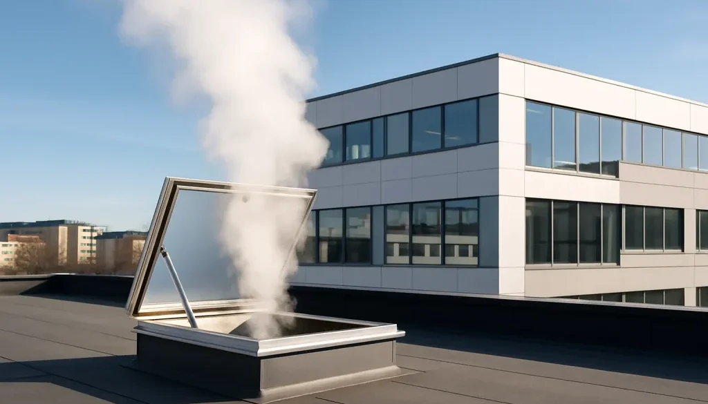 Öppen röklucka på modernt tak som ventilerar rök