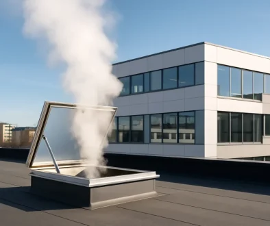 Öppen röklucka på modernt tak som ventilerar rök