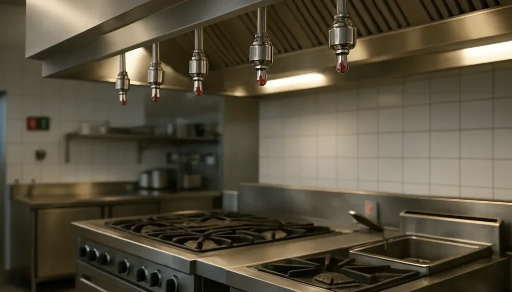 Släcksystem i storkök med munstycken ovanför häll och frityr