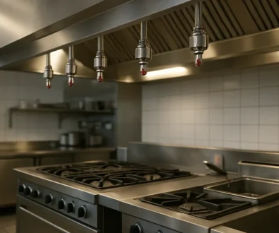 Släcksystem i storkök med munstycken ovanför häll och frityr