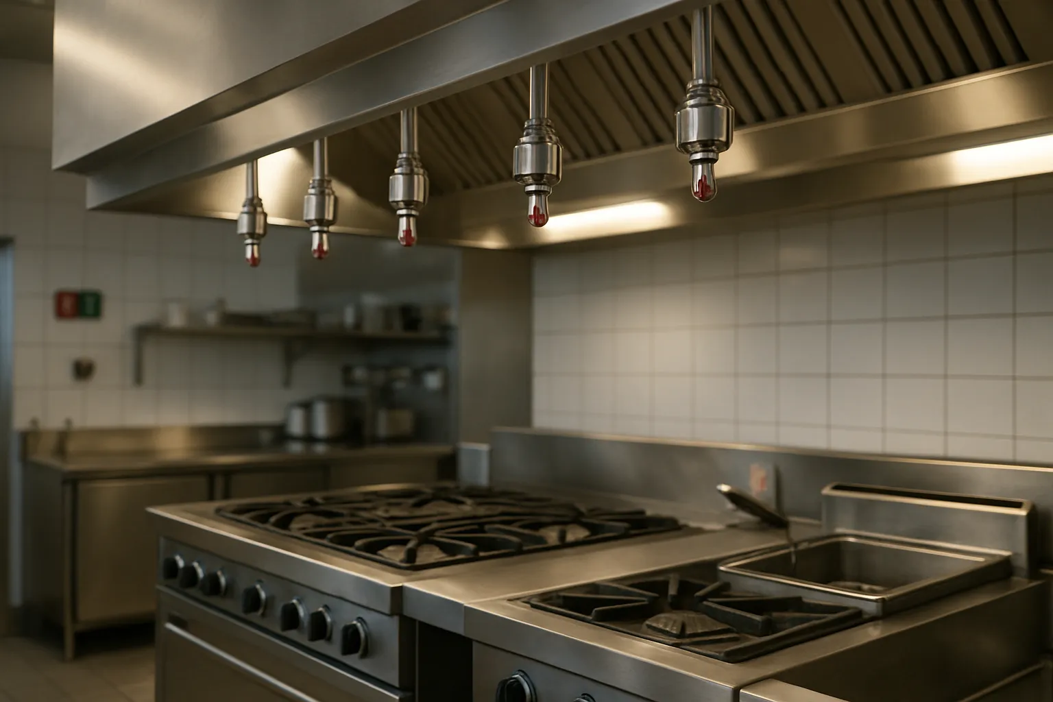 Släcksystem i storkök med munstycken ovanför häll och frityr