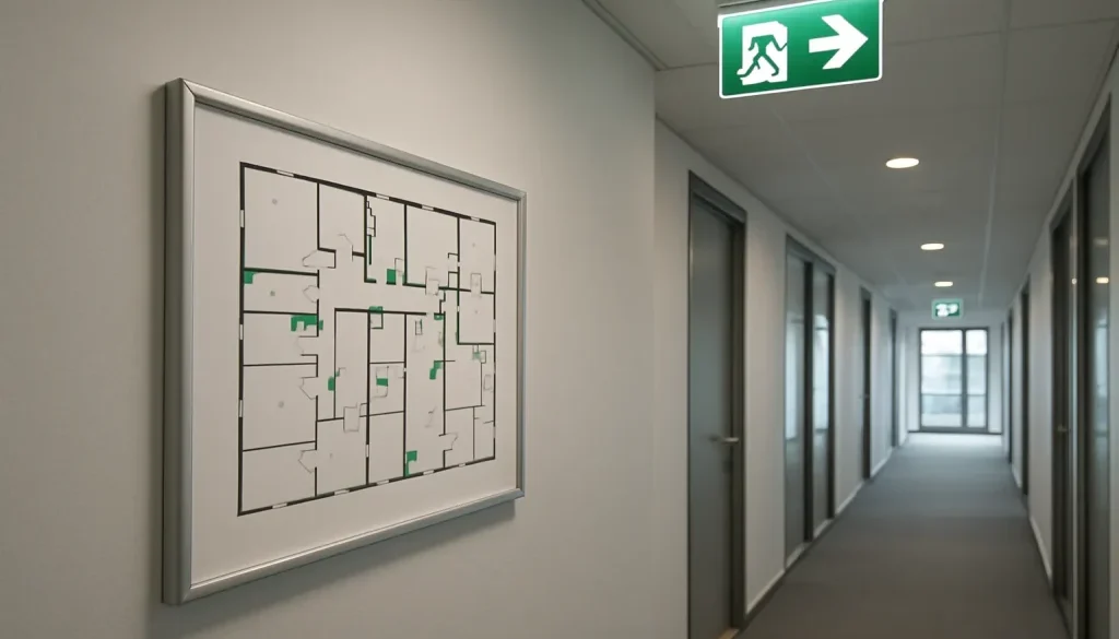 Utrymningsplan i modern kontorskorridor med nödutgångsskylt