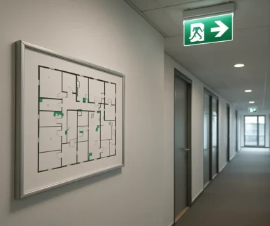 Utrymningsplan i modern kontorskorridor med nödutgångsskylt