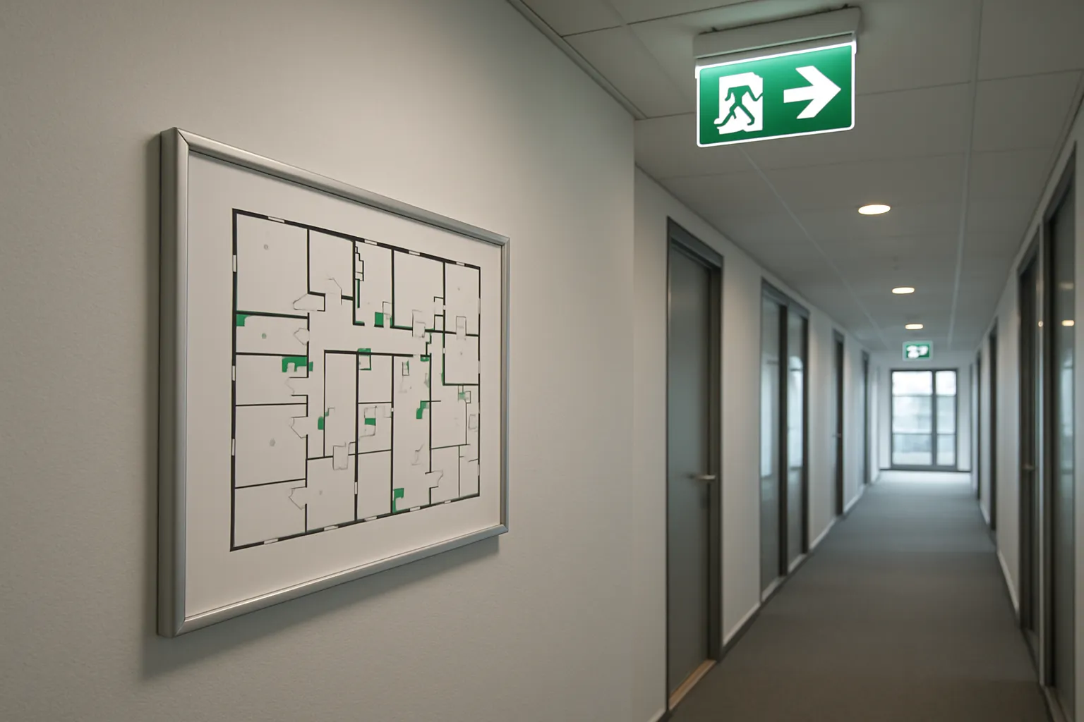Utrymningsplan i modern kontorskorridor med nödutgångsskylt