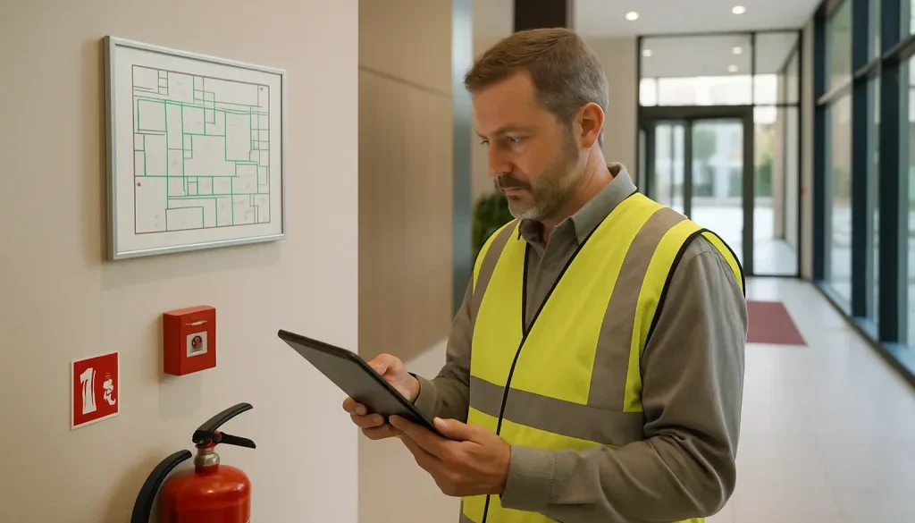 Säkerhetskonsult granskar brandskyddsbeskrivning på surfplatta i modern fastighet
