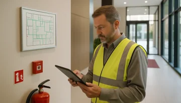 Säkerhetskonsult granskar brandskyddsbeskrivning på surfplatta i modern fastighet