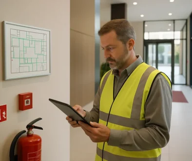 Säkerhetskonsult granskar brandskyddsbeskrivning på surfplatta i modern fastighet
