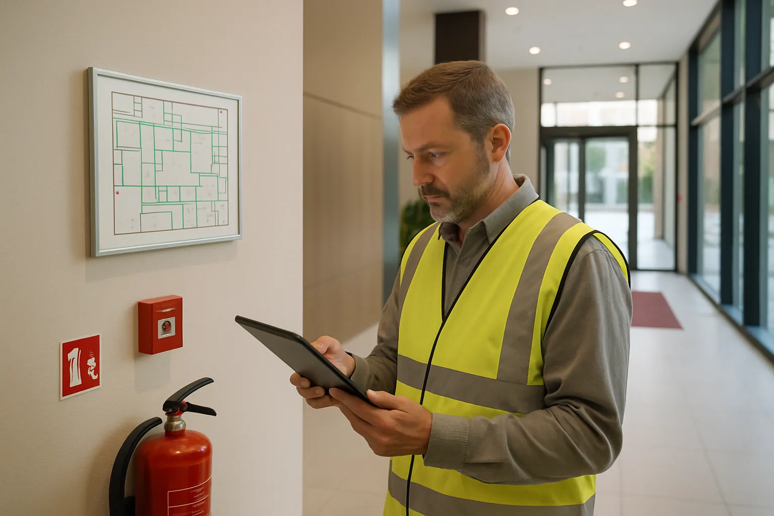 Säkerhetskonsult granskar brandskyddsbeskrivning på surfplatta i modern fastighet