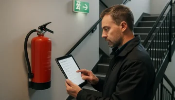 Brandskyddsansvarig kontrollerar SBA checklista på surfplatta i modernt trapphus.