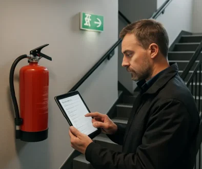 Brandskyddsansvarig kontrollerar SBA checklista på surfplatta i modernt trapphus.