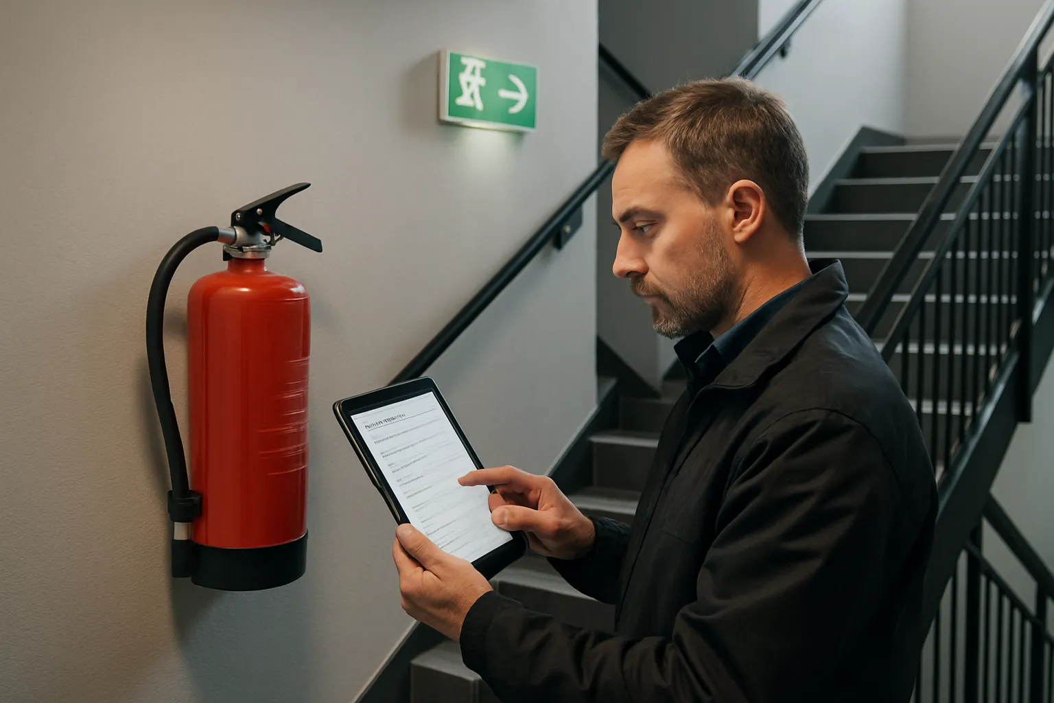 Brandskyddsansvarig kontrollerar SBA checklista på surfplatta i modernt trapphus.