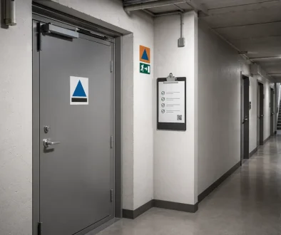 Skyddsrum i modern svensk fastighet med tydlig skyltning och checklistor