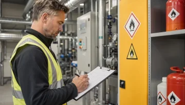 Fastighetsförvaltare kontrollerar avanmälans checklista enligt LBE i ett teknikutrymme.