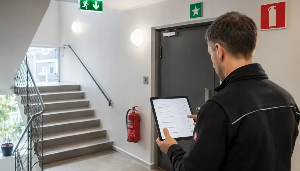 Modernt svenskt trapphus med brandsläckare, nödbelysning och utrymningsskyltar som en del av systematiskt brandskyddsarbete.