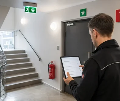 Modernt svenskt trapphus med brandsläckare, nödbelysning och utrymningsskyltar som en del av systematiskt brandskyddsarbete.