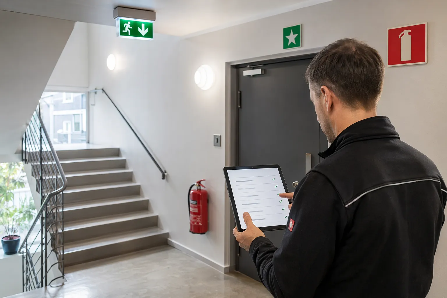 Modernt svenskt trapphus med brandsläckare, nödbelysning och utrymningsskyltar som en del av systematiskt brandskyddsarbete.