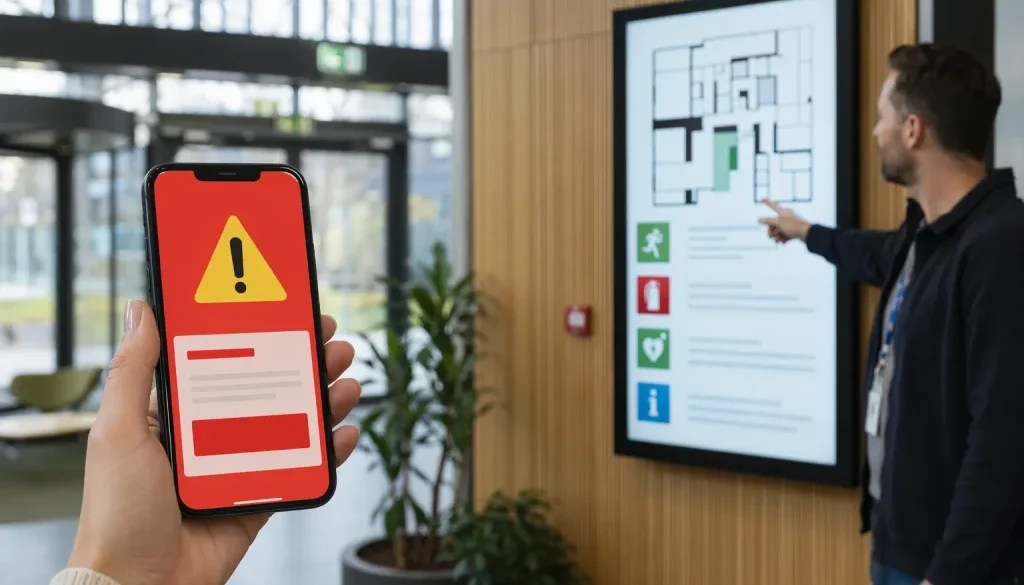 Smartphone med SE-Alert-varning i en modern byggnadslobby