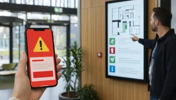 Smartphone med SE-Alert-varning i en modern byggnadslobby