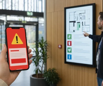 Smartphone med SE-Alert-varning i en modern byggnadslobby