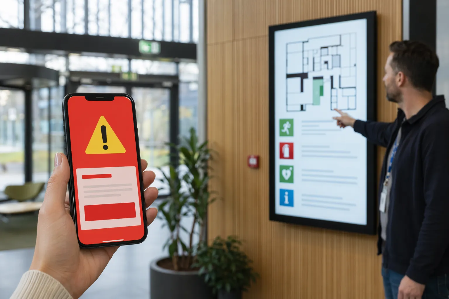 Smartphone med SE-Alert-varning i en modern byggnadslobby