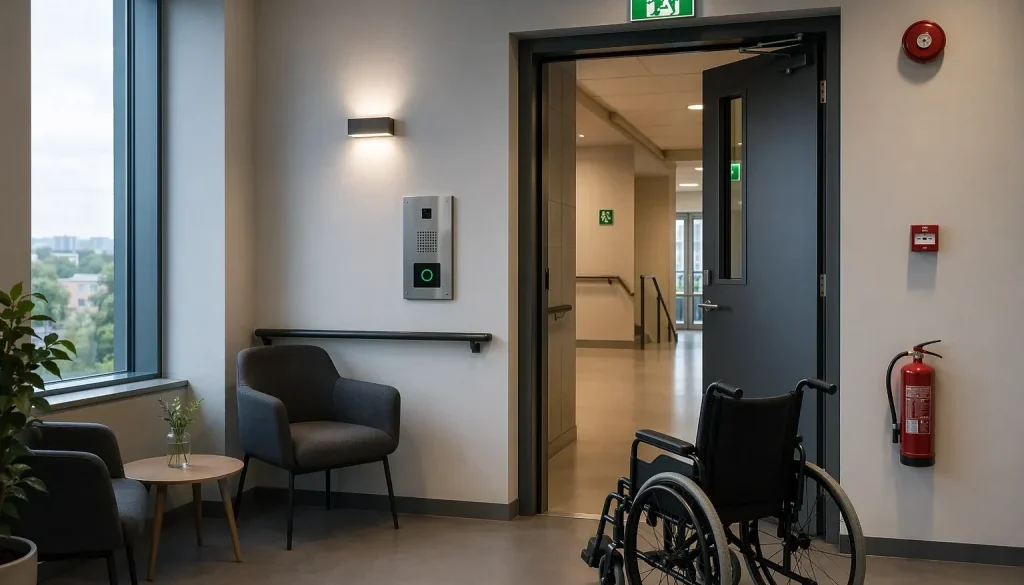 Utrymningsplats i modern kontorslobby med interkom, skyltning och nödbelysning