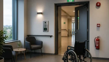 Utrymningsplats i modern kontorslobby med interkom, skyltning och nödbelysning