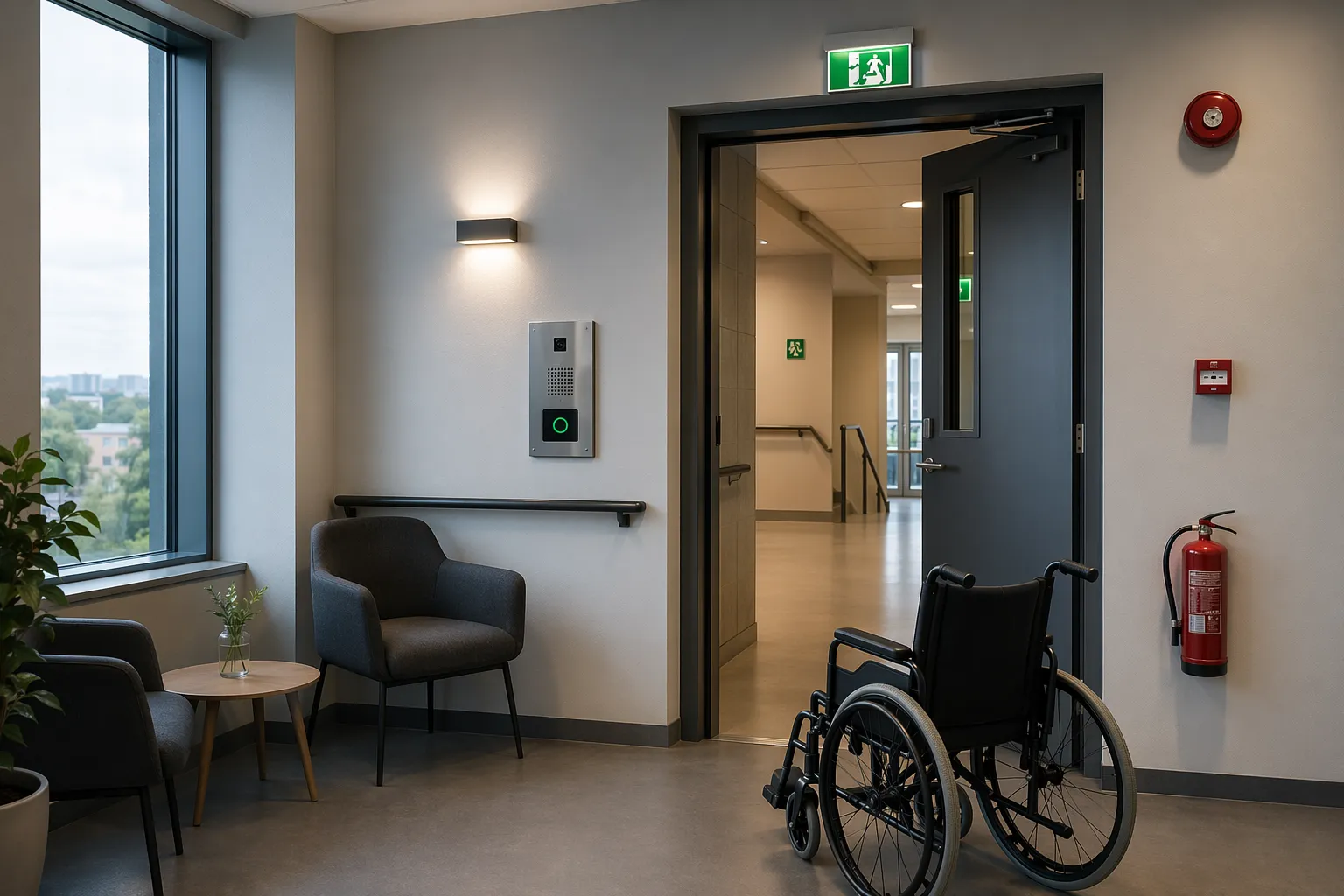 Utrymningsplats i modern kontorslobby med interkom, skyltning och nödbelysning