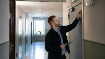 Fastighetsförvaltare kontrollerar branddörr och utrymningsskylt i äldre byggnad med sprinklers