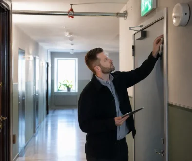 Fastighetsförvaltare kontrollerar branddörr och utrymningsskylt i äldre byggnad med sprinklers