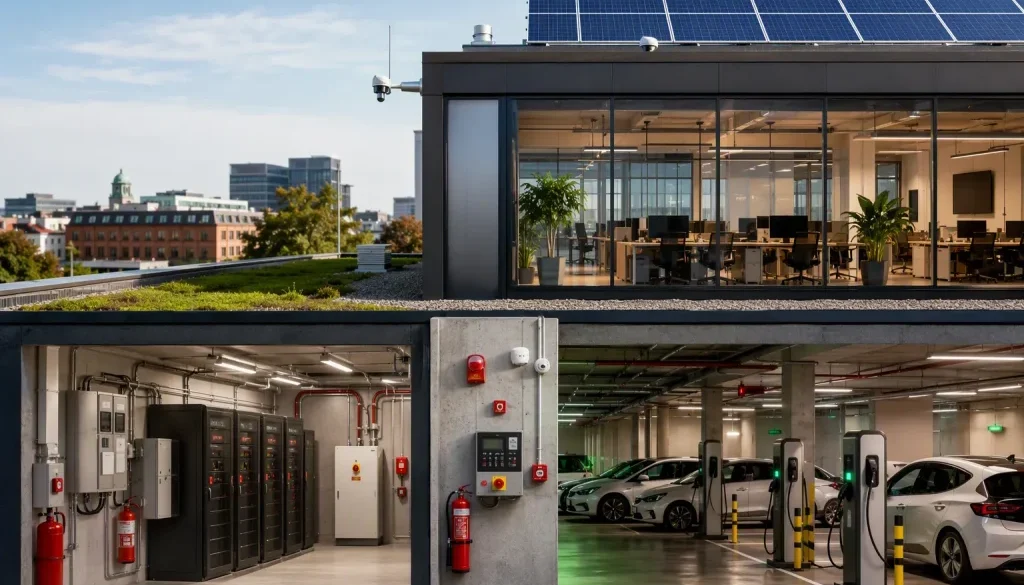 Batterirum och elbilsladdning i modern fastighet med solceller och tydligt brandskydd
