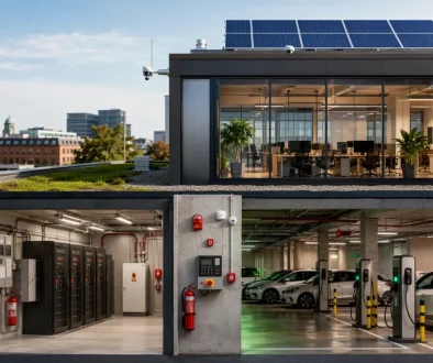 Batterirum och elbilsladdning i modern fastighet med solceller och tydligt brandskydd