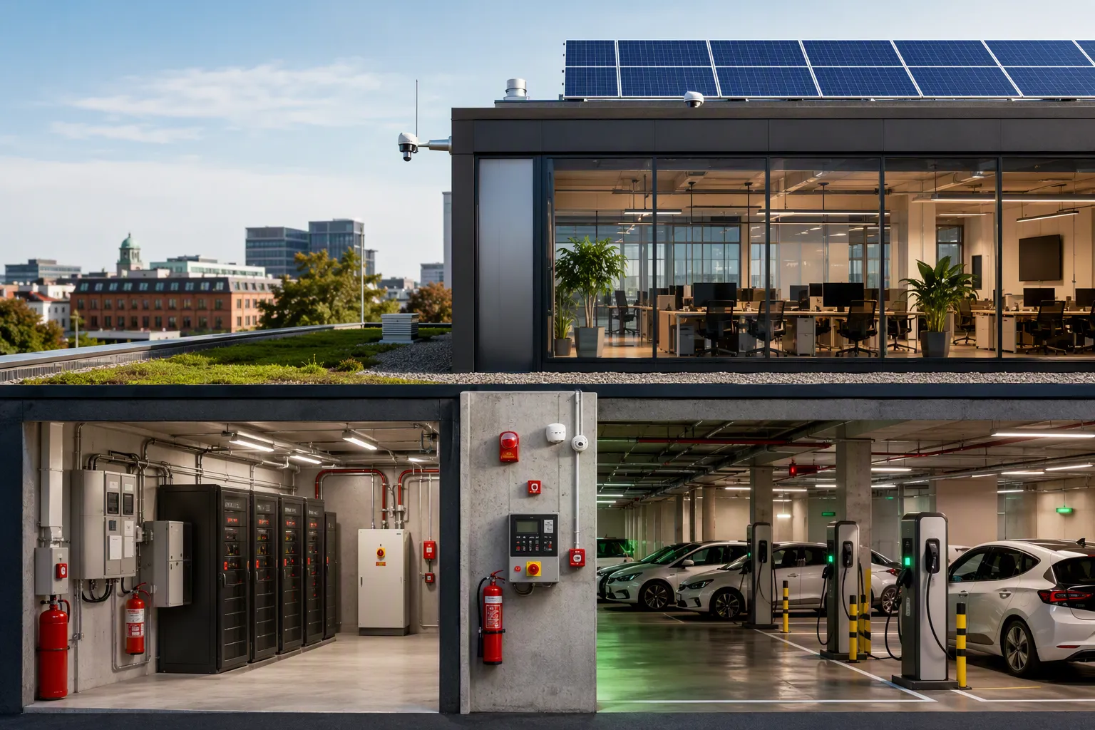 Batterirum och elbilsladdning i modern fastighet med solceller och tydligt brandskydd