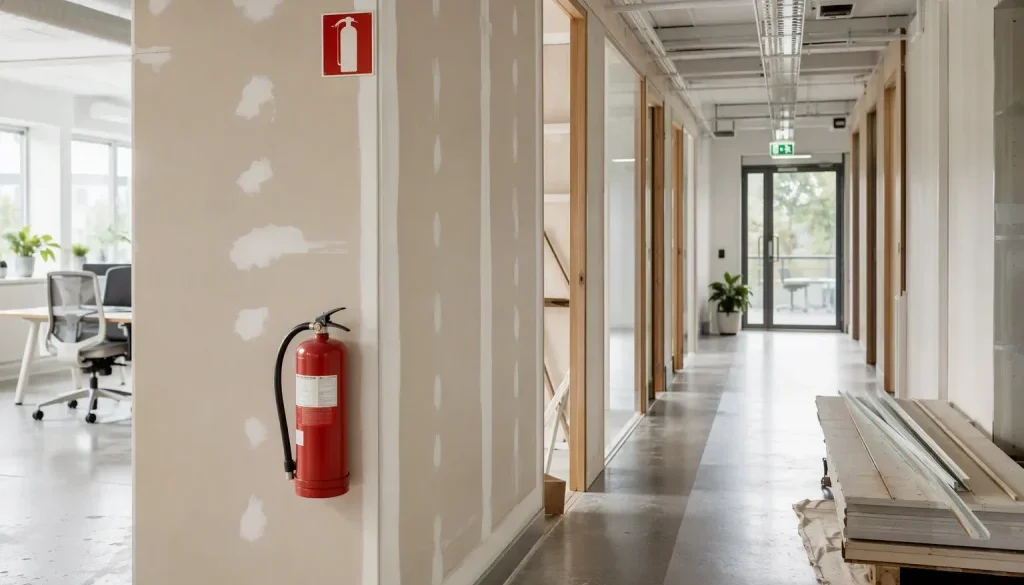 Kontorslokal under ombyggnad med brandsläckare och tydlig utrymningsskylt