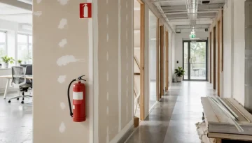 Kontorslokal under ombyggnad med brandsläckare och tydlig utrymningsskylt