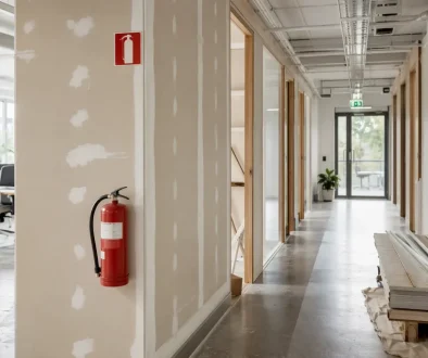 Kontorslokal under ombyggnad med brandsläckare och tydlig utrymningsskylt