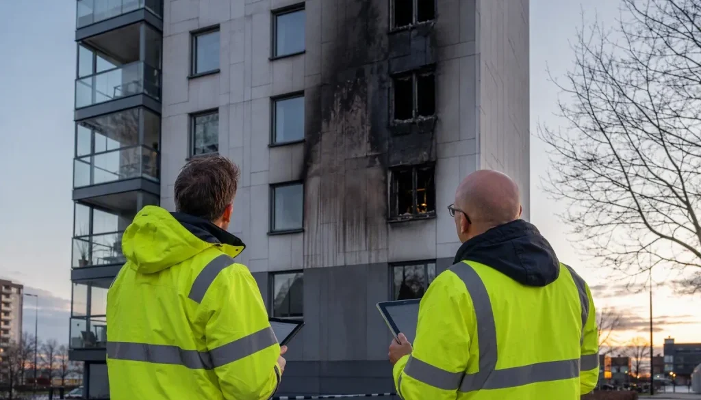 Inspektörer granskar fasad med brandspår på höghus