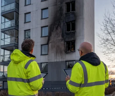 Inspektörer granskar fasad med brandspår på höghus