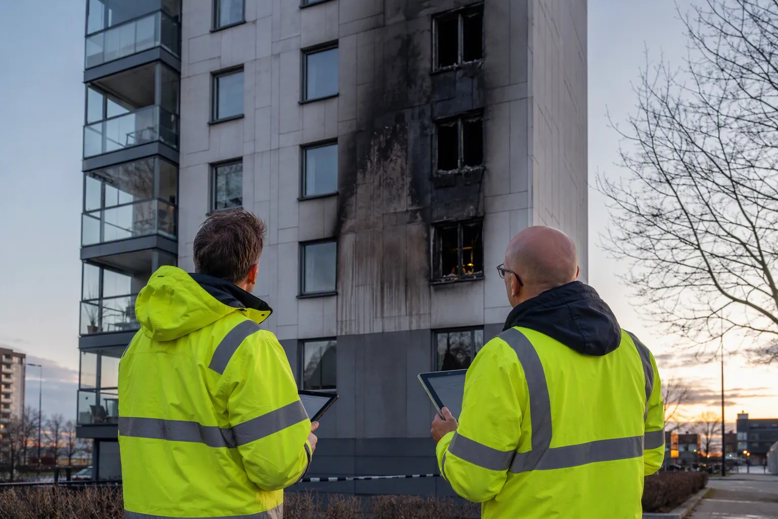 Inspektörer granskar fasad med brandspår på höghus