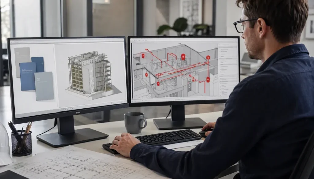 Projektör granskar brandskyddsritningar i modern kontorsmiljö