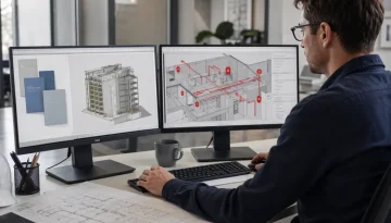 Projektör granskar brandskyddsritningar i modern kontorsmiljö