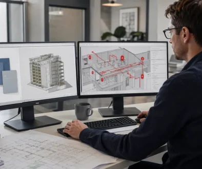 Projektör granskar brandskyddsritningar i modern kontorsmiljö
