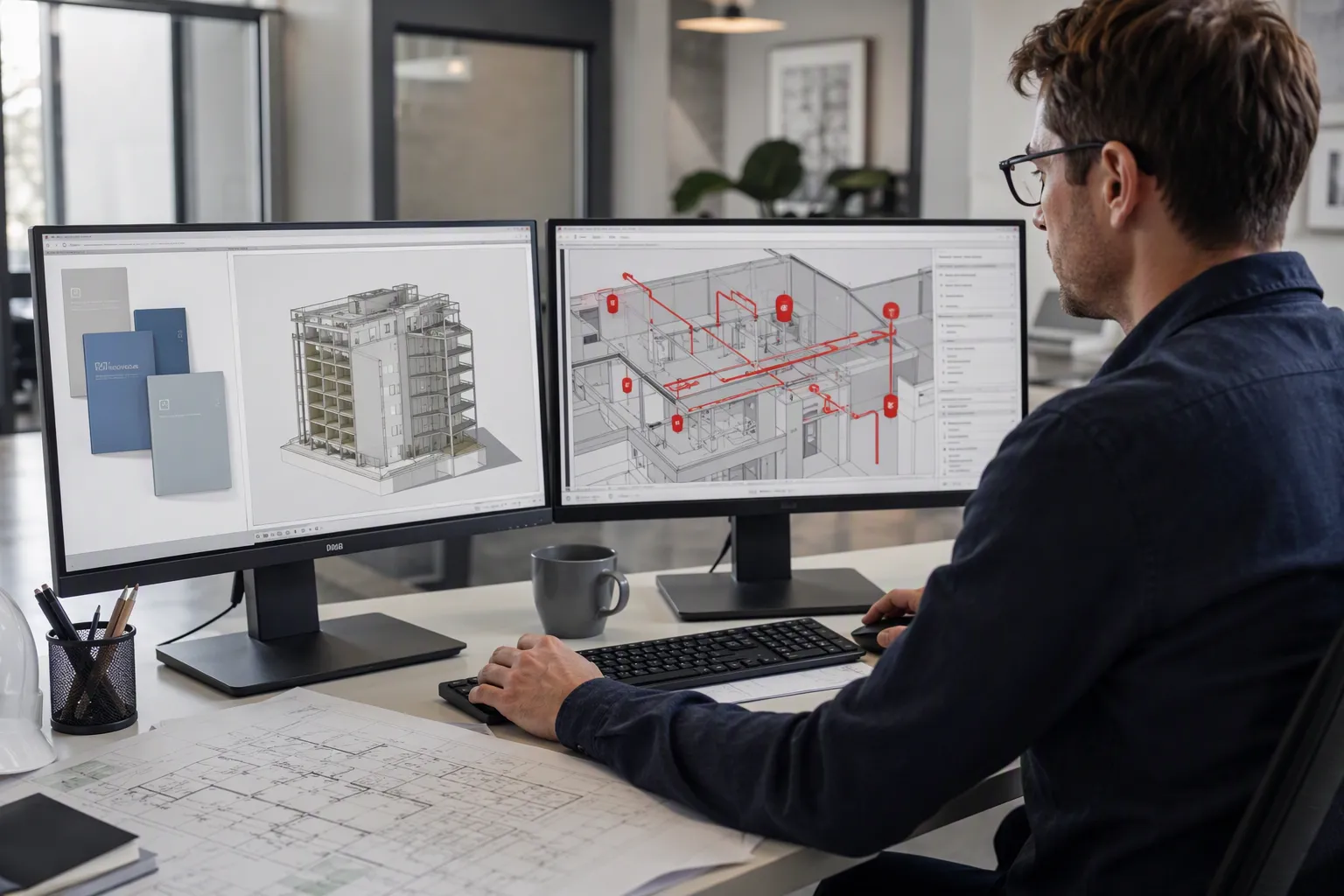 Projektör granskar brandskyddsritningar i modern kontorsmiljö