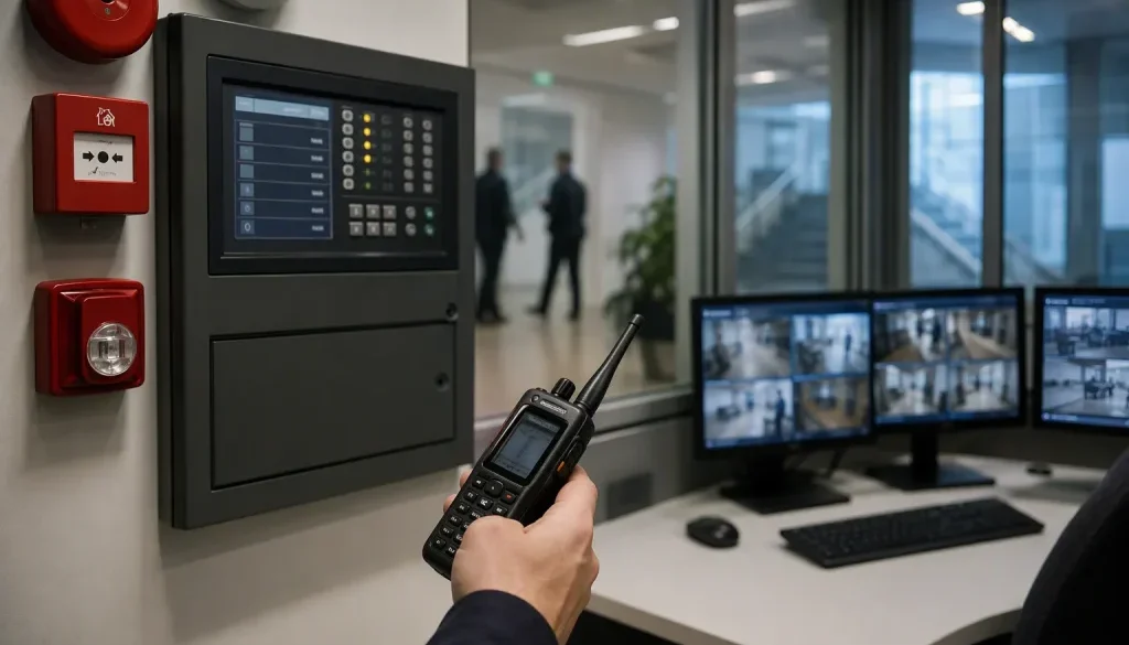 Rakel-radio och brandlarmscentral i modern kontrollmiljö