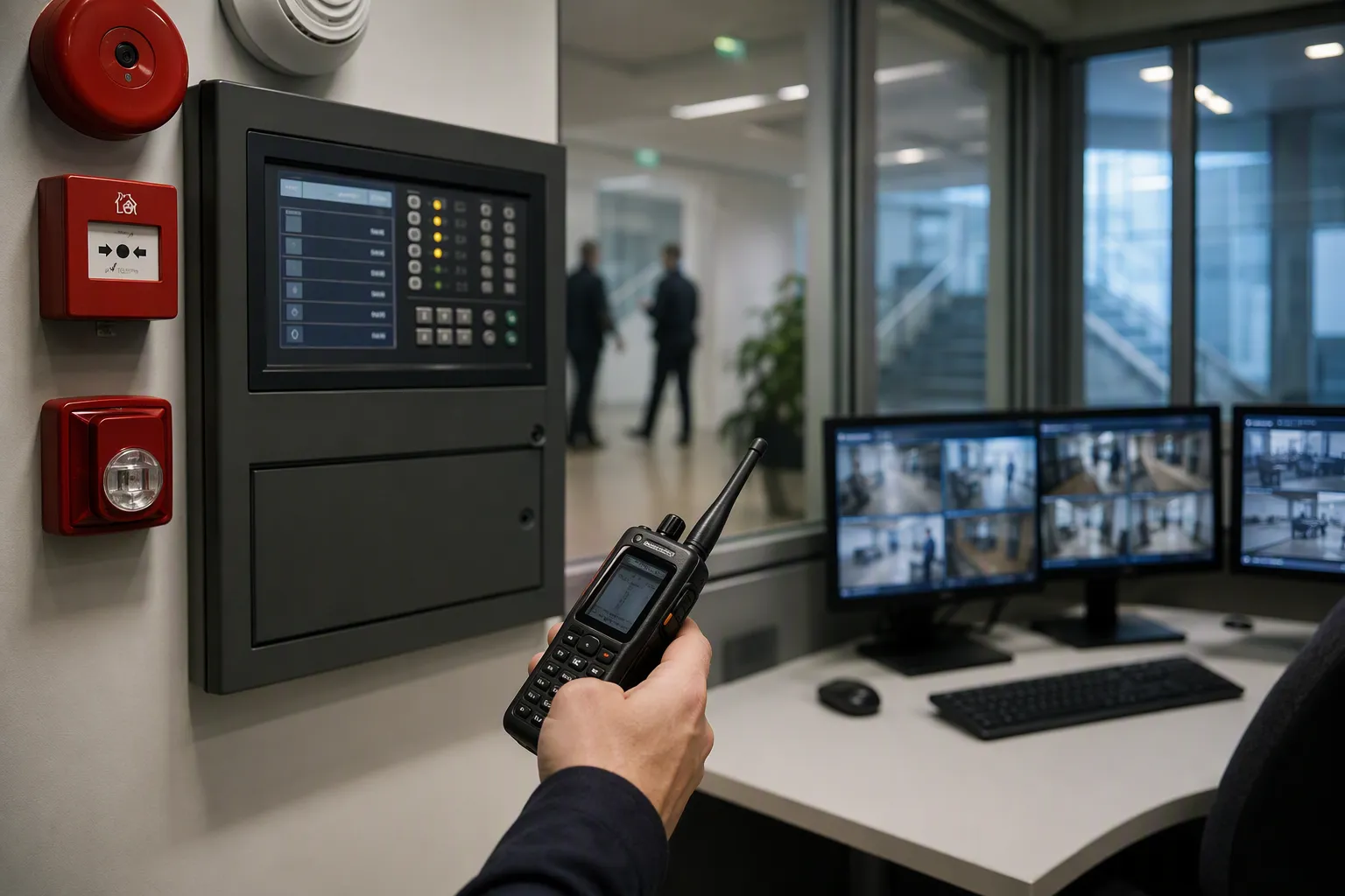 Rakel-radio och brandlarmscentral i modern kontrollmiljö