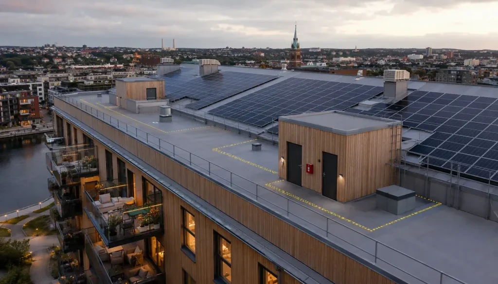 Energieffektiv byggnad med solceller och tydliga brandskyddsåtgärder