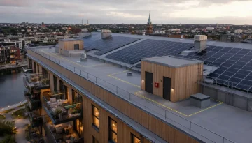 Energieffektiv byggnad med solceller och tydliga brandskyddsåtgärder